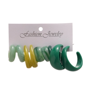 12-piece set of geometric C-shaped green resin hoop earrings with marble texture on card