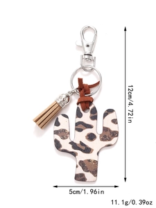 Detailed view of leopard print cactus keychain with dimensions and weight in white background