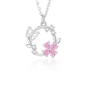 925 Sterling Silver Butterfly Flower Wreath Pendant Necklace For Women Pink Zirconia Inlaid Adjustable Chain Elegant Jewelry