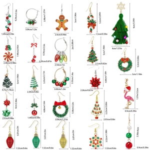 Detailed size chart for Christmas earrings set featuring gingerbread and tree motifs