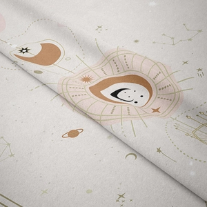 Macro detail of Bohemian tarot tapestry showing soft short plush fabric and celestial print
