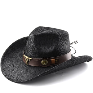 Western Cowboy Hat Snake Skin Texture Wide Brim Fedora Retro Jazz Hat With Metal Bull Head Adjustable For Men Women