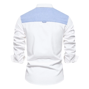 Rear view of long-sleeved Oxford shirt with white and light blue color-block design