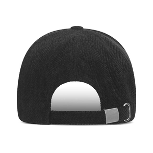 Adjustable back view of a black herringbone baseball cap with a silver metal buckle