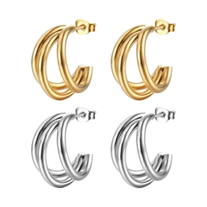Three-layer C-shaped stainless steel hoop earrings in gold and silver finishes