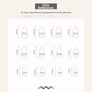Size guide for French almond fake nails showing 12 different matte black nail tip measurements
