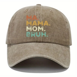 Detail view of the MA. MAMA. MOM. BRUH. print on a vintage washed khaki baseball cap