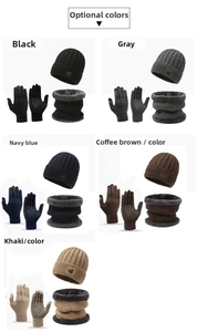 Detail of winter knit hat, scarf and touchscreen gloves set in five classic colors