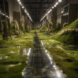 Scena immersiva in passerella interna con prato in muschio sintetico e luci professionali