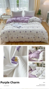 Detailed lavender floral embroidery on white and purple soft washed cotton duvet set