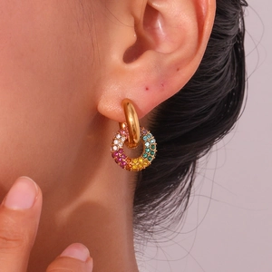 18k gold plated stainless steel hoops with micro-set colorful zircon pendants on model