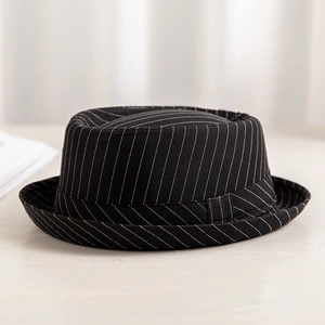 Classic black fedora hat with white vertical stripes for men, breathable stylish sun hat