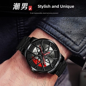 Detailed close-up of a men's matte black racing watch featuring a car wheel rim dial