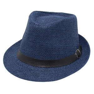 Navy blue straw fedora hat with black leather strap and silver buckle for sun protection