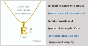 Detail showing 18K gold plated letter E pendant with dimensions and 45cm chain length