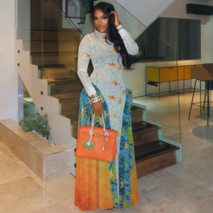 Detail of goldfish print on sheer mesh maxi dress showing fabric texture and vibrant colors