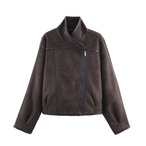 Women's dark brown faux suede biker jacket with fleece lining and diagonal zipper