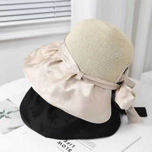 Women Summer Sun Hat Straw Weave Large Bow Wide Brim Bucket Hat Black Vinyl UV Protection Elegant Beach Foldable