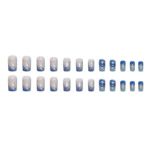 Blue and white marble gradient press-on nails with gold foil accents and 24 pieces set