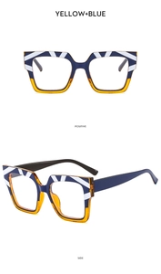 Front and side views of stylish blue and yellow square frame anti-blue light glasses
