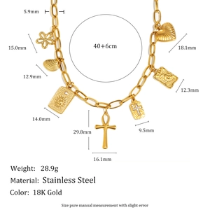 18K gold plated stainless steel necklace with multi-charm cross pendants and dimensions