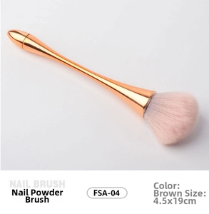 Detail of rose gold nail dust brush with soft brown-pink bristles, size 4.5x19cm
