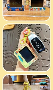 Cute Capybara retro TV keychain pendant shown on car keys and canvas bag details