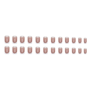 French tip press-on nails with nude pink base and silver glitter gradient accent