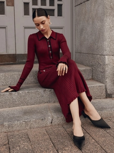 French style burgundy ribbed knit midi dress with flare sleeves and polo collar