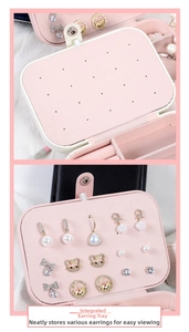 Detail of pink leather earring organizer plate with multiple stud holes and jewelry