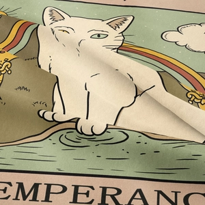 Detailed fabric texture of a bohemian cat tarot tapestry showing the Temperance card design