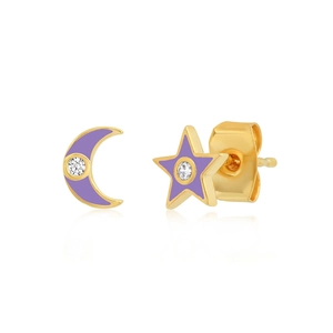 Asymmetric S925 silver needle star and moon earrings with purple enamel and zircon