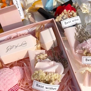 Pink gift box set with plush toy and dried roses for Mother's Day present