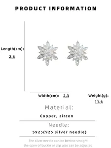 Detailed size chart for rhinestone flower studs with 2.6cm length and S925 silver needle