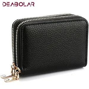 Black pebbled leather accordion card holder with dual gold zippers and large capacity