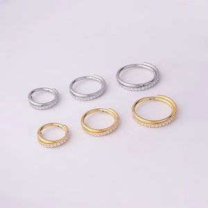 Set of 6 stainless steel nose rings with cubic zirconia inlay in gold and silver