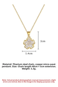 Macro shot of titanium steel flower pendant with sparkling zircon and detailed dimensions