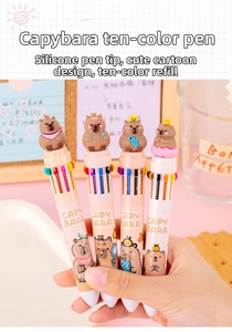 Close-up of cute capybara 10-color ballpoint pen with soft silicone topper for students