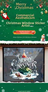 Detail of Christmas window sticker with UV printed Merry Christmas text and reindeer