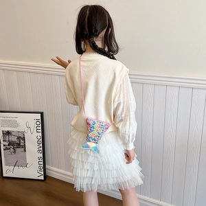 Kids mermaid tail sequin crossbody bag with iridescent finish and pink strap