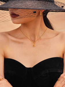 Model wearing a gold hollow heart necklace with matching earrings and ring jewelry set