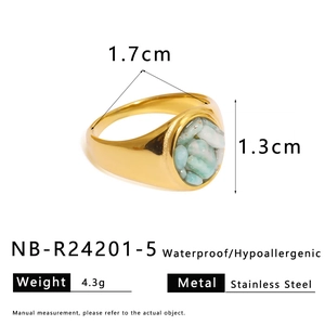 Detail of waterproof gold stainless steel ring featuring blue stone inlay and dimensions
