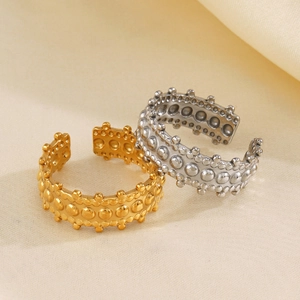 Adjustable Open Ring Stainless Steel Rivet Bead Texture Irregular Geometric Punk Hip Hop Vintage For Women