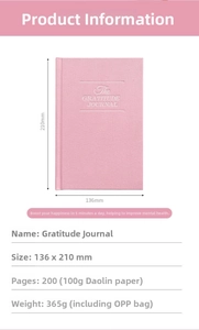Pink linen Gratitude Journal with A5 size, 200 pages 100g paper and 365g weight details