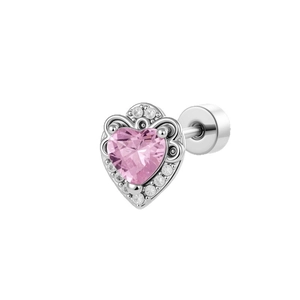 Exquisite silver cartilage stud with pink heart zircon and butterfly wing design