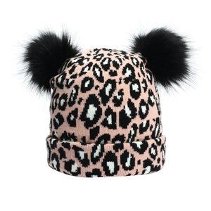 Leopard Print Knitted Beanie Hat With Double Faux Fur Pom Poms Winter Warm Cuffed Skull Cap For Women Acrylic