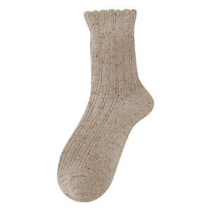 Women's warm wool knit crew socks with vintage colorful speckled yarn and scalloped edges