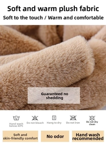 Close-up detail of soft brown plush faux fur fabric texture for winter bear hat set