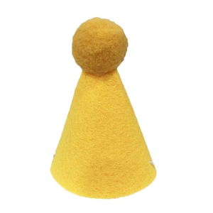 Yellow felt birthday party hat for pets with a decorative soft pom-pom on top
