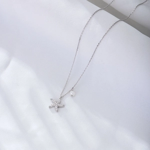 S925 Sterling Silver Starfish Necklace with Pave Diamonds and Elegant Pearl Detail